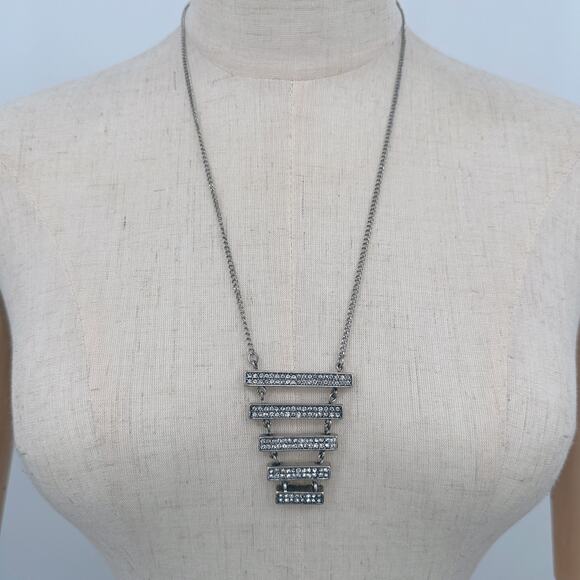 Mark Jewelry - Mark by Avon Statement Necklace Silvertone Rhinestone Stacked Geometric Pendant